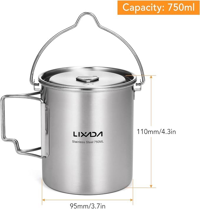 2 Lixada Outdoor Stainless Steel Camping Mug with Foldable Handles and Lid, 750ml