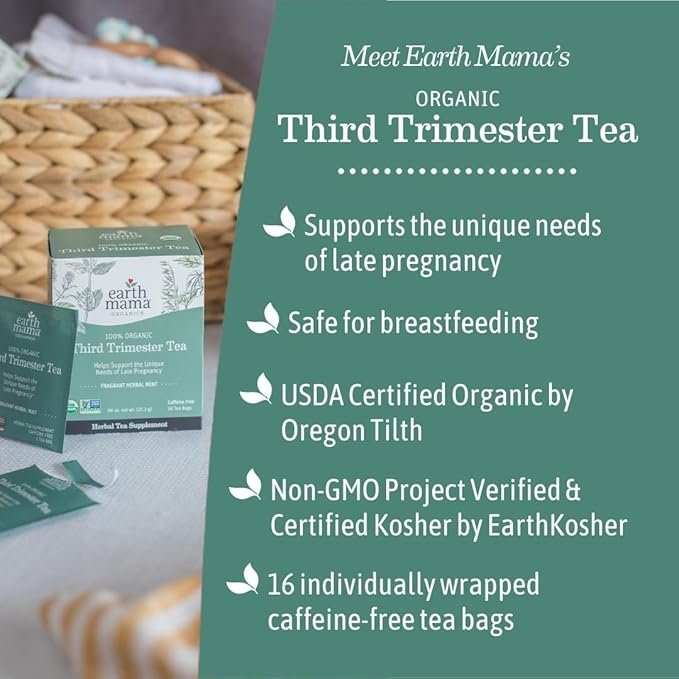 2 Earth Mama Organic Third Trimester Tea Bags | 100% USDA Organic Herbal Tea for Late Pregnancy Comfort + Childbirth Preparation, 16 Teabags Per Box