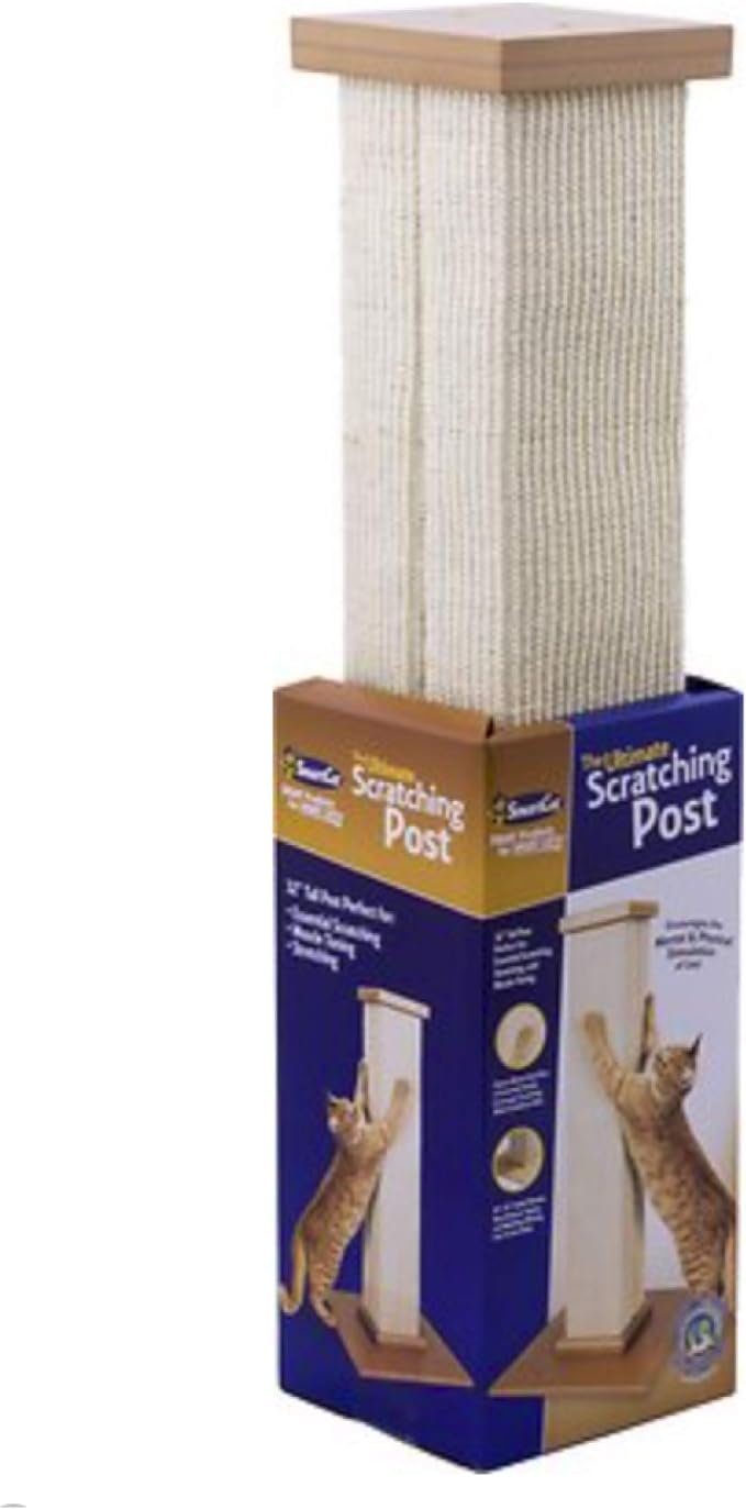3 SmartCat Ultimate Scratching Post – Beige, Large 32 Inch Tower - Sisal Fiber, Simple Design - For All Cats