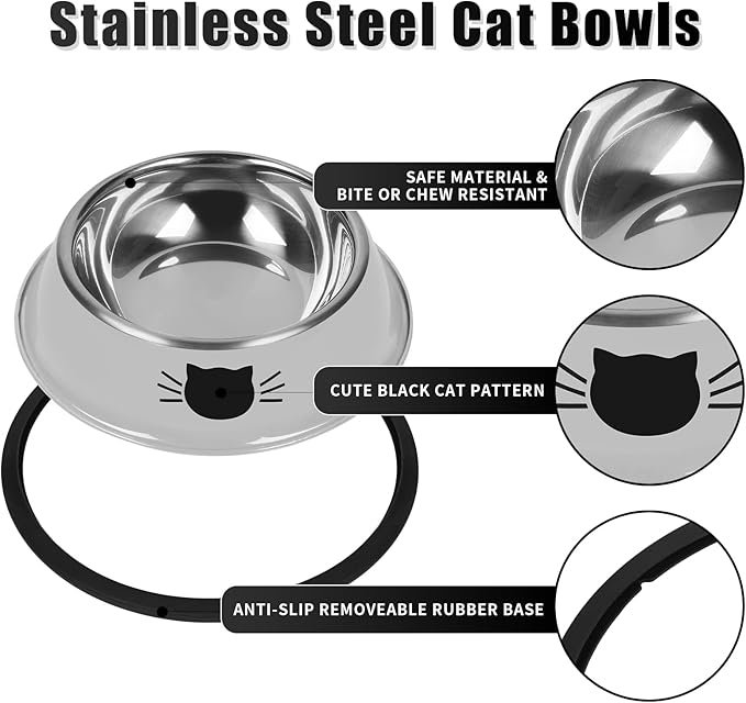 1 Serentive 2Pcs Cat Bowls Non-Slip Stainless Steel Small Cat Food Bowls Unbreakable Thicken Cat Feeder 7 Oz Cat Dishes Suitable for Indoor Small Pets Removable Rubber Base Easily Clean Lovely Color