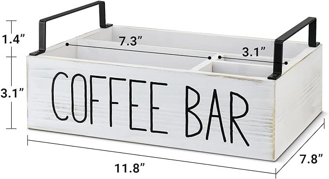 5 Wooden Coffee Bar Storage, Countertop Coffee Accessories Organizer, Rustic Coffee Pod Holder with Handle, White Coffee Bar Decor Organizer