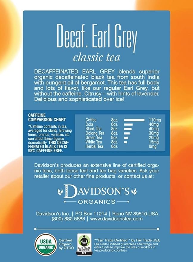 1 Davidson's Organics, Decaffeinated Earl Grey, 8-count Tea Bags, Pack of 12