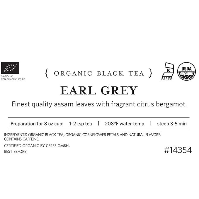 3 Tea Forte Earl Grey Premium Organic Loose Leaf Caffeinated Black Tea Blend, Resealable 1 Pound Bag, Makes 160-175 Cups