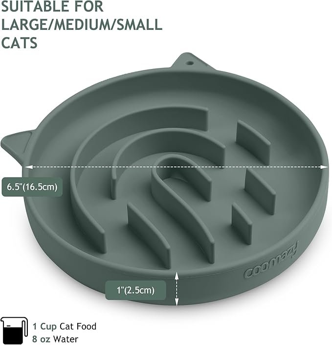 1 Coomazy Silicone Slow Feeder Cat Bowls, Fingerprint Maze Cats Food Bowl, Slow Down Eating Speed, Prevent Choking, Promote Digestion, Green