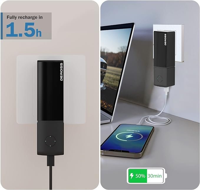 1 DEROSS 20W Portable Charger, 5000mAh Power Bank, 2-in-1 Hybrid Charger, PD 3.0 External Battery Pack with Built-in Charger for iPhone, Apple Watch, AirPods, Samsung Galaxy, Google Pixel