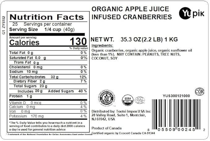 1 Yupik Organic Cranberries, Apple Juice Infused, 2.2 lb, Non-GMO, Gluten-Free, Vegan, Kosher, Dried Fruits, No Added Sugar, Plump & Chewy, Source of Fiber, Healthy Snacks, Ideal for Baking & Topping