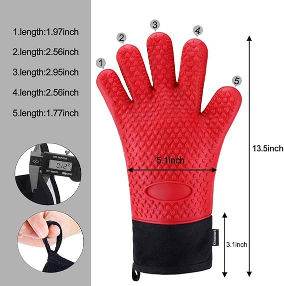 2 HeatSafe Grill Gloves, all-round Silicone Cooking Gloves, Extra-long Waterproof Oven Gloves with Comfy Cotton Lining for Grill, Bake, Roast (Red)