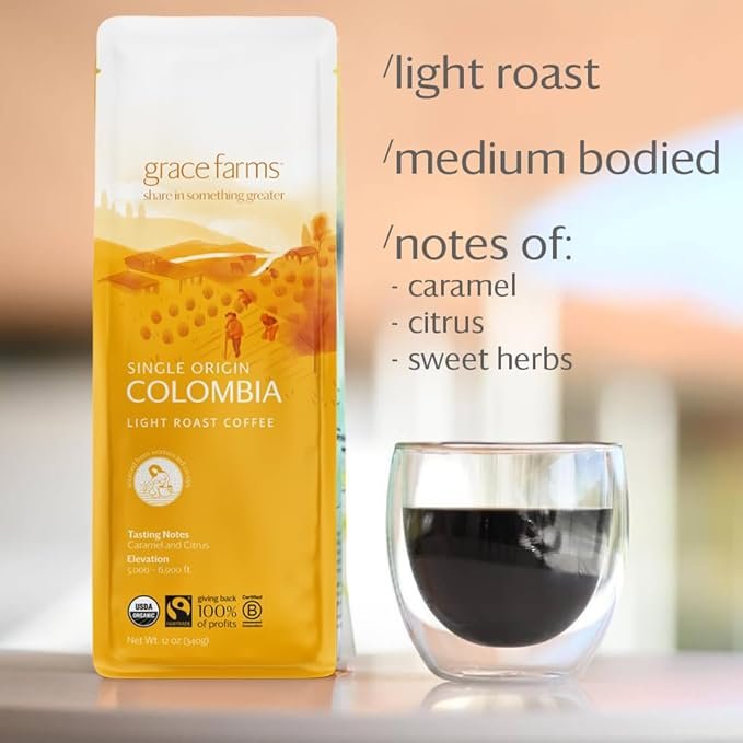 1 Grace Farms, Organic Whole Bean Coffee, Single Origin Colombia Light Roast, 12oz Bag, 1 Count | Notes of Caramel & Citrus | Gives Back 100% of Profits