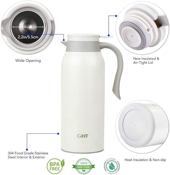 1 Stainless Steel Coffee Carafe - 51 Oz Capacity, Insulated Thermos with Vacuum Seal, Extended Heat Retention for Up to 12 Hours, Suitable for Tea, Water, and Coffee Dispensing, Enhanced White Model