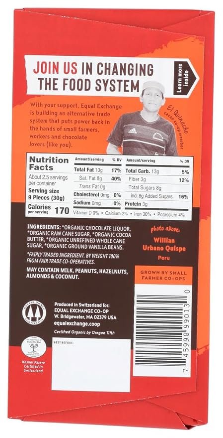 1 Equal Exchange Organic Chocolate Bar - Very Dark - Case of 12 - 2.8 oz.
