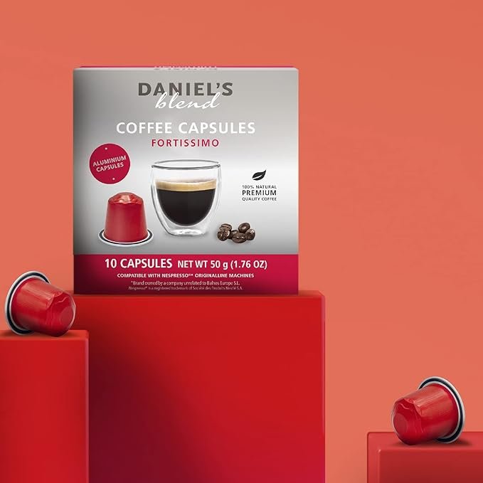 2 Daniel's Fortissimo Espresso Capsules, 10 Aluminum Coffee Pods, Single Serve, Nespresso Compatible, Kosher Certification