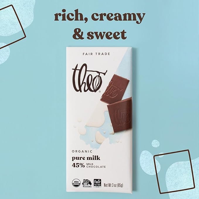 2 Theo Chocolate Pure Organic Milk Chocolate Bar, 45% Cacao, 6 Pack | Fair Trade