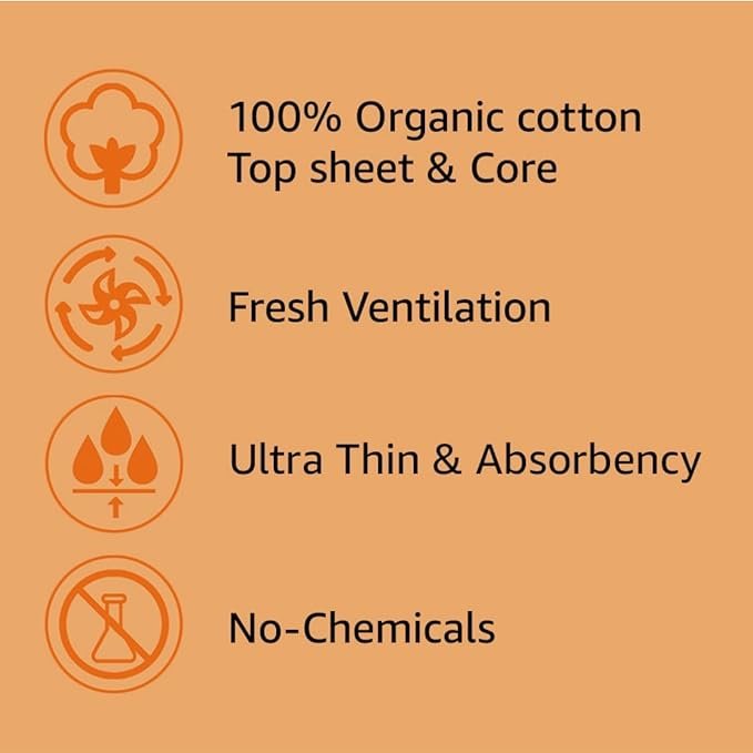 4 Large Size Ultra Thin Sanitary Pads, 100% Organic Cotton from Texas, Powerful Leak Protection, Unscented, Chlorine Free and Absorbency of Feminine Periods, Pads for Women (32 Count)