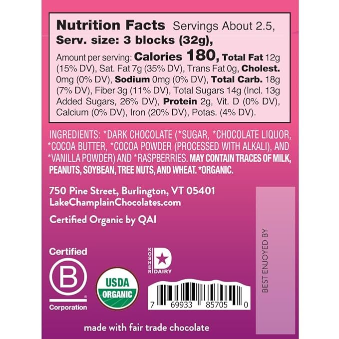 1 LAKE CHAMPLAIN CHOCOLATES Organic Raspberries & Dark Chocolate Bar, 3 OZ