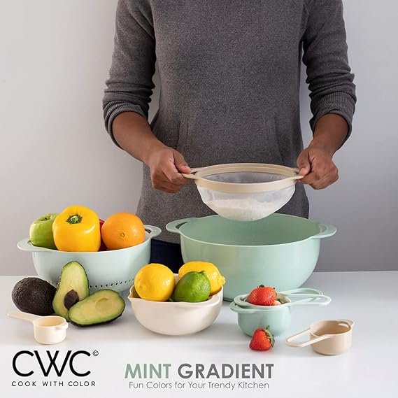 4 Colorful Cooking Essentials Kit - 8 Essential Pieces for Your Kitchen, including 2 Mixing Bowls, 1 Colander, 1 Sifter, and 4 Measuring Cups, in Mint Green
