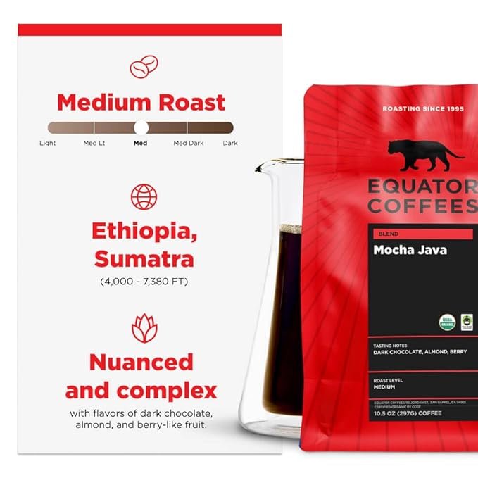 1 Equator Coffees, Mocha Java Blend, Organic Ground Coffee, Medium Dark Roast, Fresh Roasted, Dark Chocolate & Berry Flavor Notes, Sustainable and Fair Trade Certified, 10.5 oz Bag
