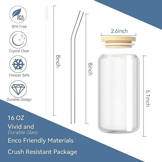 4 6-Pack Glass Cups with Bamboo Lids and Glass Straws, 16oz Can Shaped Glass Beer Glasses, Clear Tumbler Cups, Perfect for Whiskey, Cocktails, and Iced Coffees - Includes 2 Cleaning Brushes