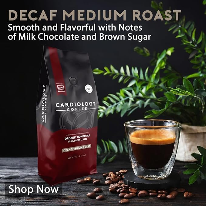 4 Cardiology Coffee Heart Healthy Coffee – Cardiologist founded Whole Bean DECAF Medium Roast - USDA Organic Hand-Selected Decaf Coffee Using Swiss Water Process - Non-GMO, Tested for Mycotoxins & Pesticides - 12 Ounces