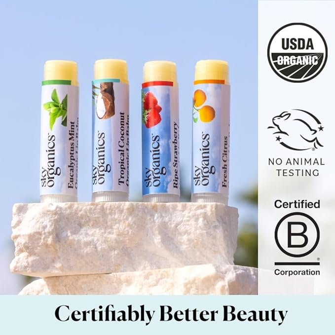 3 Sky Organics Organic Lip Balm with Beeswax and a Rich Nourishing Blend of Plant Oils, Moisturizing Lips Balms to Lock In Moisture and Keep Lips Feeling Soft and Smooth, Four Assorted Flavors, 4pk.