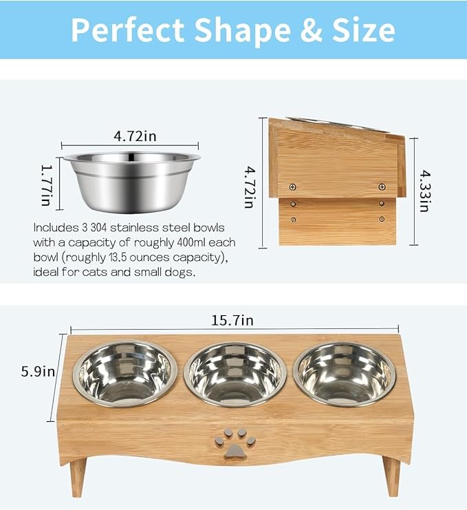 3 JAZUIHA Elevated Cat Food Bowls,Raised Tilted Cat Bowl Stand Set with 3 Bowls, cat Feeding Station with Wooden Stand for Multiple Cats and Small Dog (Bamboo Wood Color)