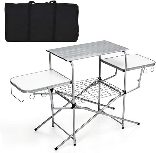 1 GYMAX Aluminum Folding Camping Table, Outdoor Grill Table with Side Table, Hooks & Carry Bag, Heavy Duty Picnic Table for Outdoor Backyard, Beach RVing Barbecue (Silver)