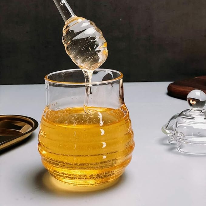 5 Lawei Glass Honey Container with Spoon and Cover - Resistant to Heat 10 oz Beehive Honey Storage for Storing Honey and Syrup