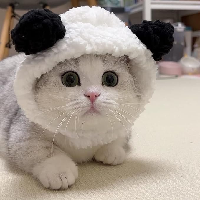 5 JOICEE Cute Cat Costume Warm Bear Hat for Cat Adjustable Soft Small Pet Headwear Bear Hat for Cat Puppy Dog (Black&White)