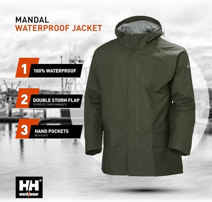 1 Helly-Hansen Workwear Mandal Adjustable Waterproof Jackets for Men - Heavy Duty Comfortable PVC-Coated Protective Rain Coat