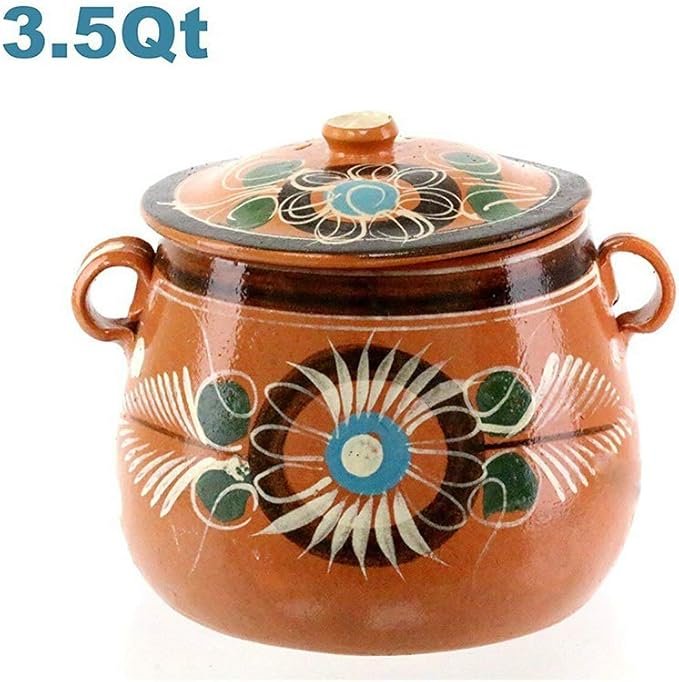 1 New Olla De Barro Frijolera w/Lid 3.5 Quarts Canterito Cazuela Traditional Floral of Set