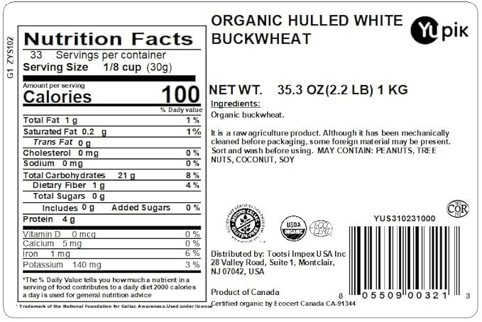 1 Yupik Organic Hulled White Buckwheat, 2.2 lb, Non-GMO, Vegan, Pack of 1