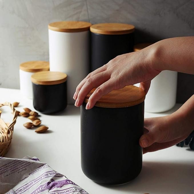 5 Black Ceramic Kitchen Canister with Bamboo Lid - Airtight Storage Container for Coffee, Tea, and Spices