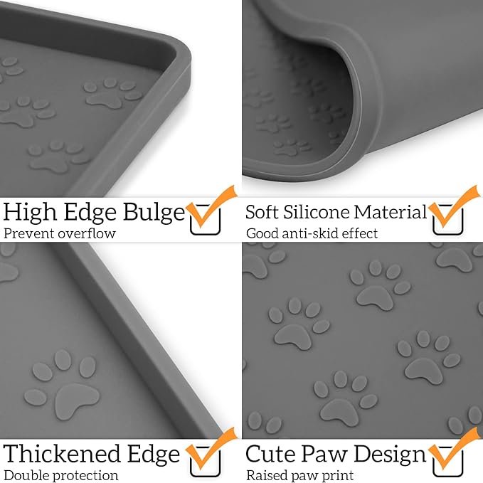 2 Ptlom Pet Placemat for Dog and Cat, Mat for Prevent Food and Water Overflow, Suitable for Small, Medium and Big Pet, 18" 12", Grey, Silicone