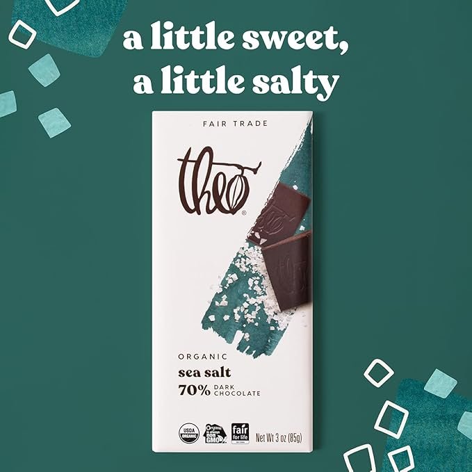 2 Theo Chocolate Sea Salt Organic Dark Chocolate Bar, 70% Cacao, 6 Pack | Vegan, Fair Trade