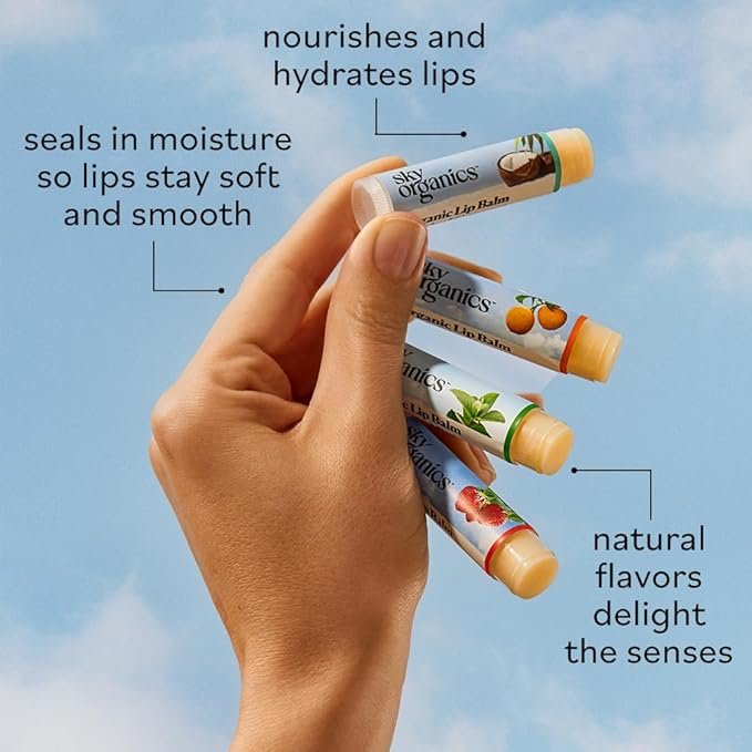 1 Sky Organics Organic Lip Balm with Beeswax and a Rich Nourishing Blend of Plant Oils, Moisturizing Lips Balms to Lock In Moisture and Keep Lips Feeling Soft and Smooth, Four Assorted Flavors, 4pk.