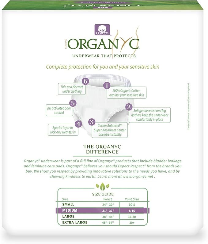 2 Organyc Bladder Control Underwear for Women - Organic Cotton Protective Underwear for Incontinence, Leak Protection, Odor Protection and Sensitive Skin, FSA/HSA Eligible, Medium, 14 Count