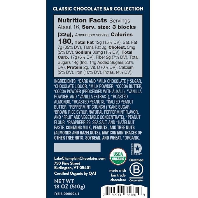 1 Lake Champlain Classic Organic Chocolate Bar Library Gift Box, 6 Pieces, 1.1 Pounds