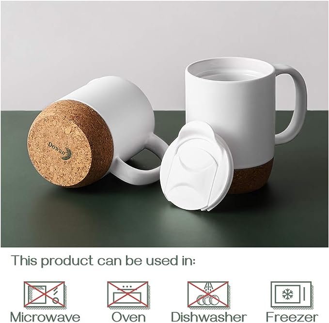 4 15 Ounce Ceramic Coffee Mug Set, Cork Bottom and Lid, Large Coffee Mug with Handle, Matte White, Perfect Gift for Father, Men, Women