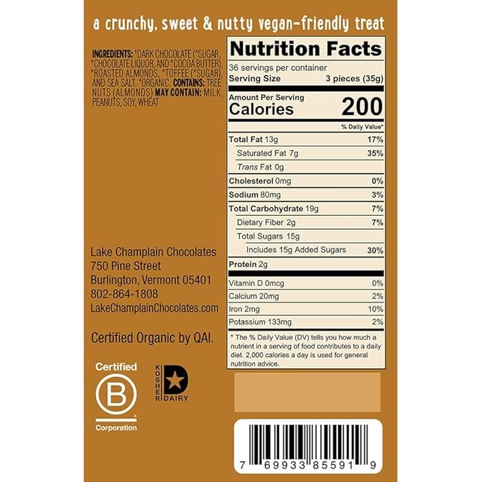 1 LAKE CHAMPLAIN CHOCOLATES Organic Toffee Almond Crunch Dark Chocolate Square 106 Ct, 0.4 OZ