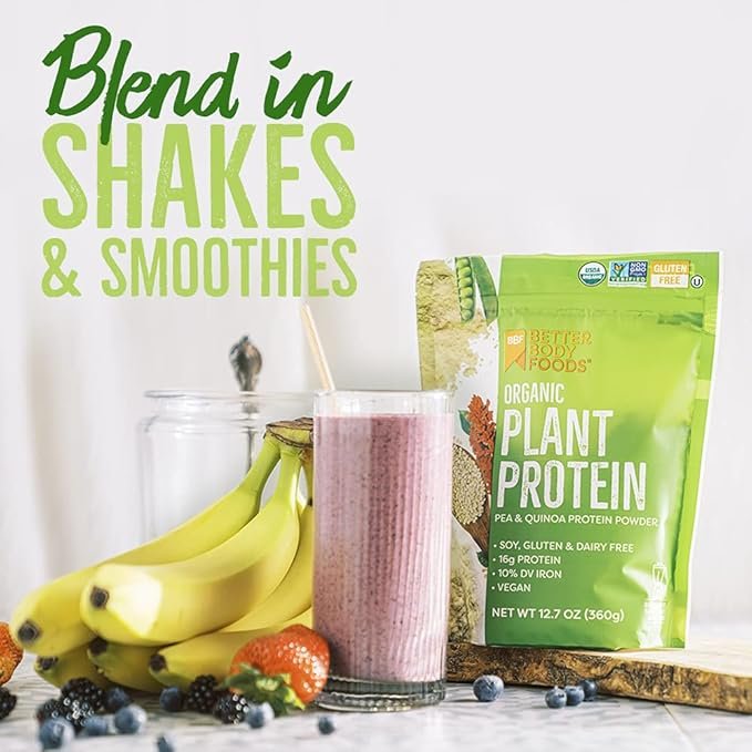 2 BetterBody Foods Organic Plant Based Protein Powder, - 16g of Protein, Vegan, Low Net Carbs, Gluten Free, Dairy Free, No Sugar Added, Soy Free, Non-GMO, 12.7 Ounces