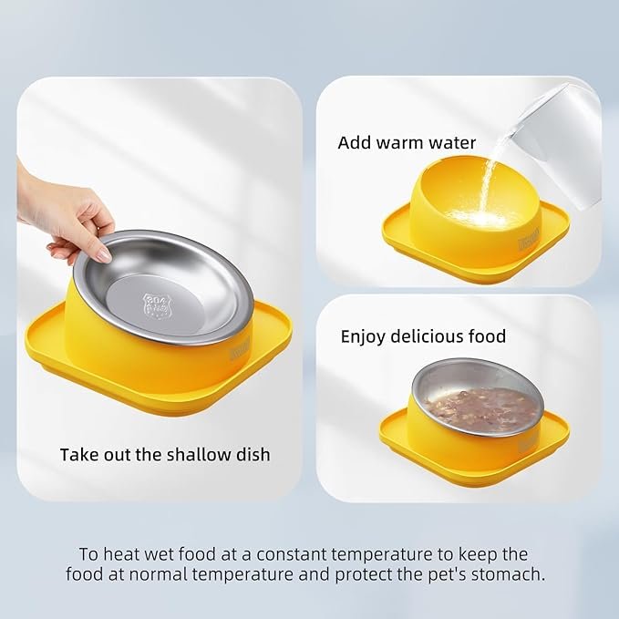 3 LINSHANMIN Tilted Cat Food Bowls, Cat Feeding Bowls Whisker Friendly, Raised Cat Bowls for Indoor Cats, Slanted Flat Plastic Feeder Elevated Angled Design, 3 in 1 Combined Cat Food Bowls(Yellow)