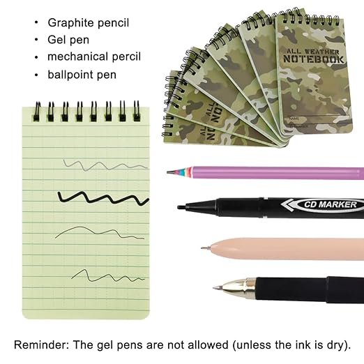 1 12 Pack Waterproof Notebook, All-Weather Pocket Sized Tactical Notepad, 3" x 5"Top Spiral Memo Notes Green Grid Paper Notepad for Outdoor Activities Recording