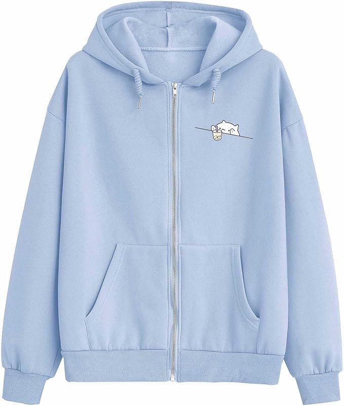 2 Weetiotio Plain Oversized Zip Up Hoodie for Women Fleece Full Zip Jacket Cute Casual Zipper Hooded Sweatshirt for Teen Girls