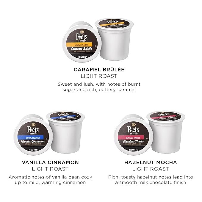 2 Peet's Coffee K-Cup Pods - Variety Pack, 60 Count (6 Boxes of 10 Pods), Vanilla Cinnamon, Hazelnut Mocha, Caramel Brûlée Flavors
