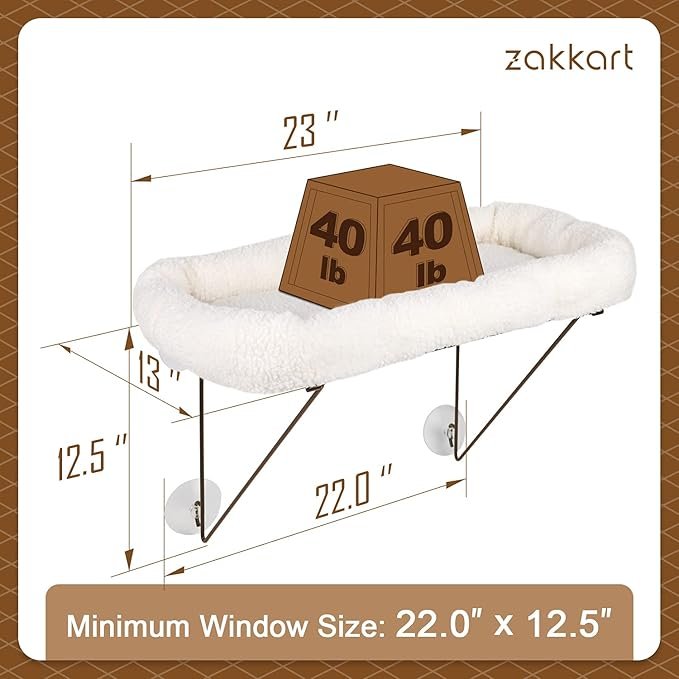 1 Zakkart Cat Window Perch - 100% Metal Supported from Below - Comes with Warm Spacious Pet Bed - Cat Window Hammock for Large Cats & Kittens - for Sunbathing, Napping & Overlooking (White)