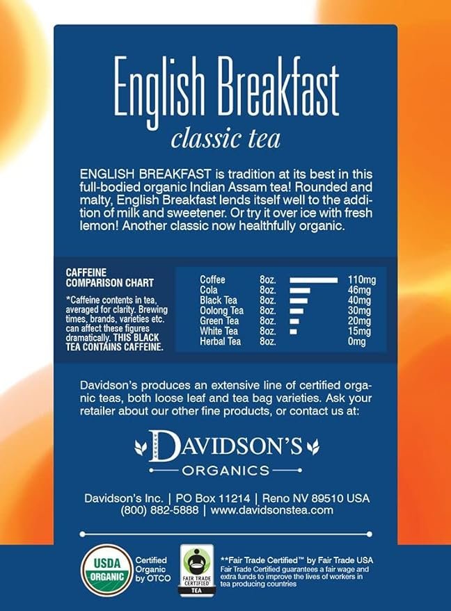 1 Davidson's Organics, English Breakfast, 8-count Tea Bags, Pack of 12