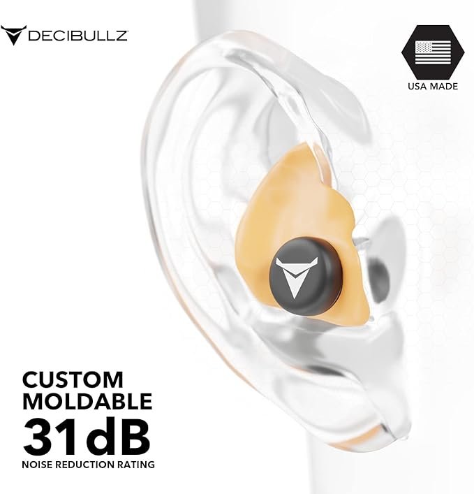 1 Decibullz - Custom Molded Earplugs, 31dB Highest NRR, Comfortable Hearing Protection for Shooting, Travel, Swimming, Work and Concerts (Orange)