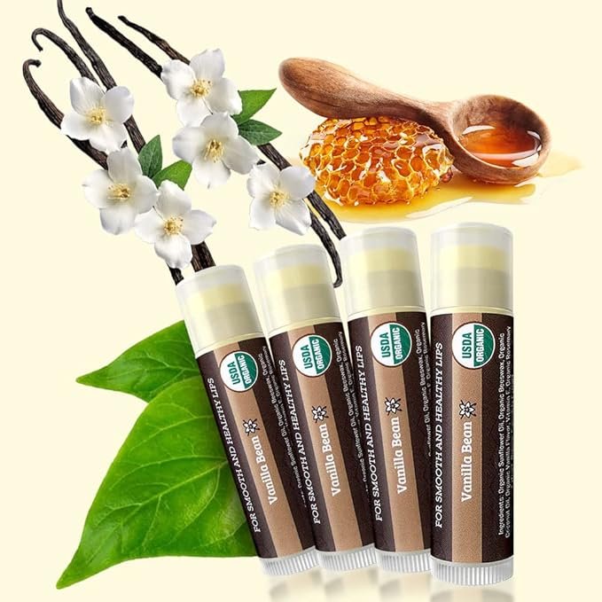 1 USDA Organic Lip Balm 4-Pack by Earth's Daughter - Vanilla Flavor, Beeswax, Coconut Oil, Vitamin E - Best Lip Repair Chapstick for Dry Cracked Lips.