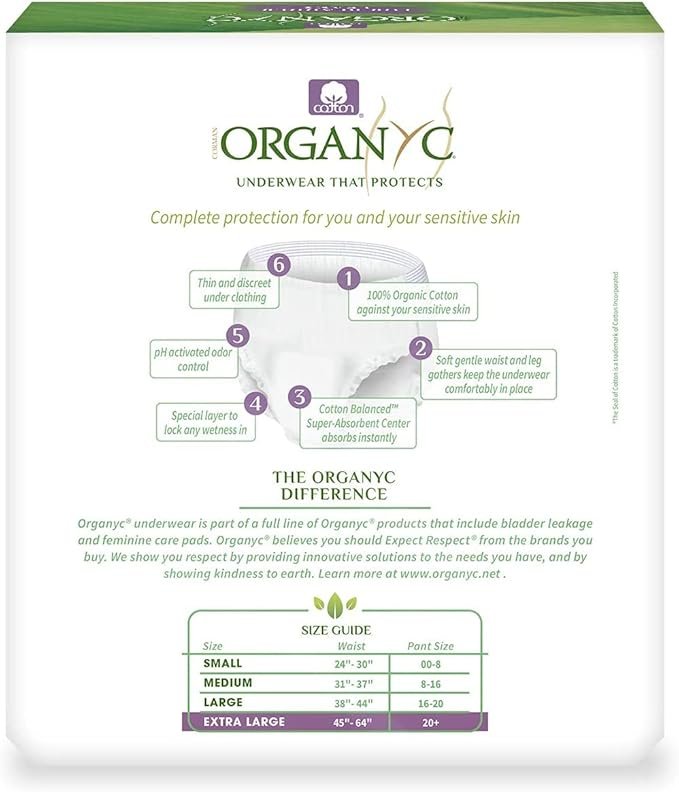 2 Organyc Bladder Control Underwear for Women - Organic Cotton Protective Underwear for Incontinence, Leak Protection, Odor Protection and Sensitive Skin, X-Large, 48 Count