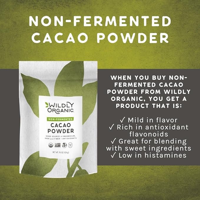 2 Wildly Organic Non-Fermented Cacao Powder 16 Oz, 1 lb Bag - Organic, Non-Alkalized, High in Antioxidants, Minimally Processed, Raw, Non-GMO, Kosher, Vegan, Premium Mild Chocolate Flavor | Perfect for Smoothies, Yogurt, Oatment, Baking, & Hot Cocoa