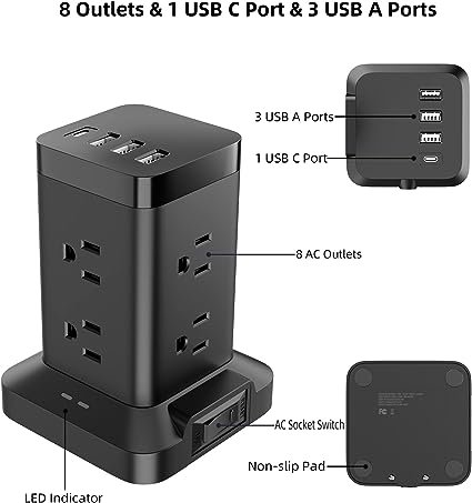 2 Surge Guard USB Power Station with 5ft Cable, Low-profile Plug, Multi-Outlet Bars, 8 AC Outlets, 1 Type-C Port, 3 Type-A Ports, USB Charging Station, Portable Size Ideal for Travel, Residential, Workspace (900J)